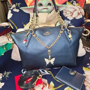 Coach Small Kelsey Chain Satchel Crossbody in Metallic Denim & Dooney Wallet